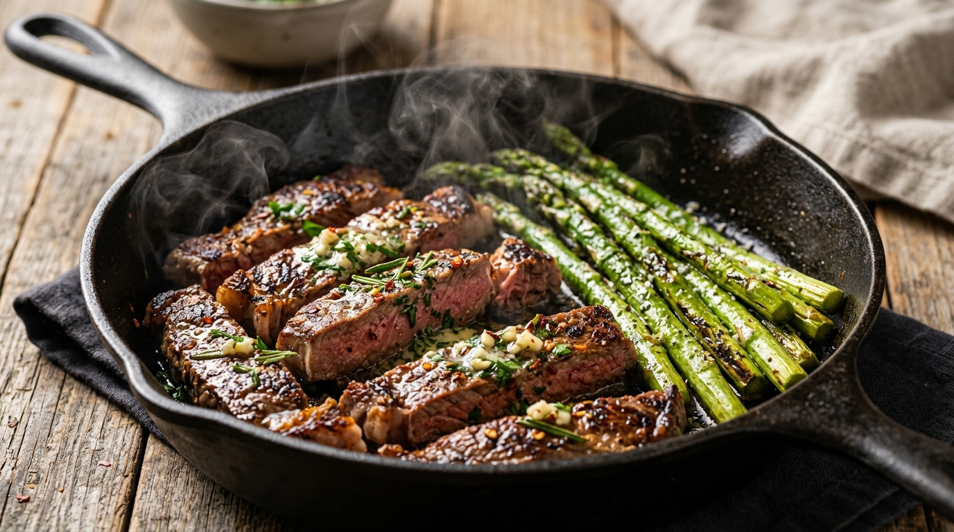Garlic Butter Ribeye Steak Strips with Asparagus